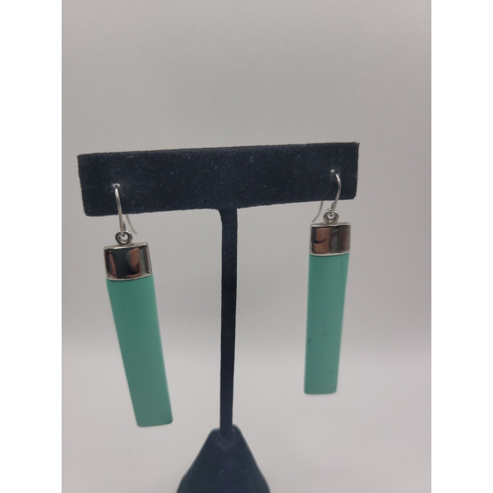 Modern Blue-Green Bar Dangle Earrings Silver Tone Minimalist Geometric Long Drop